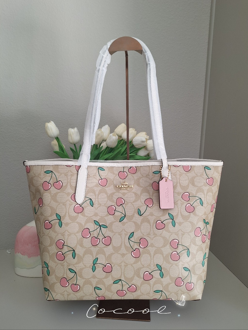 Nwt Coach Cf444 City Tote In Signature Canvas With Heart Cherry Print Authentic